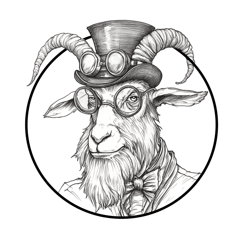 An engraved-etching portrait of The Learned Goat with a pipe